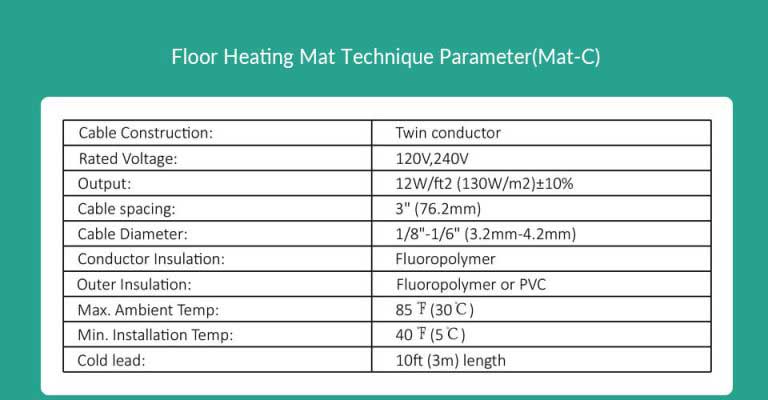 Warm-C Floor Warming Mat Technical Parameter